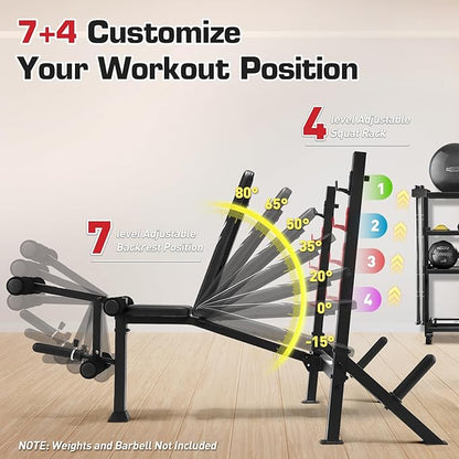 Adjustable Weight Bench Press Set 900LBS with 72''W Squat Rack & Leg Extension/Curl Foldable Workout Bench for Full Body Fitness Flat/Incline/Decline Upgrade Weight Benches for Home Gym