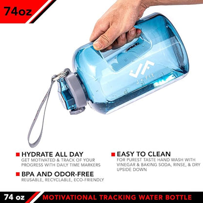 JFIT BPA Free Reusable Sports Water Bottle w/Time Markers, Leakproof Flip-Top Lid & Carry Strap – Durable PETG, 2.28" Wide-Mouth for Ice – Eco-Friendly, Odor-Free & Easy to Clean