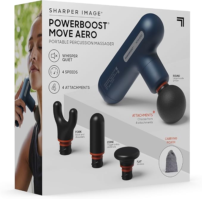 Sharper Image Powerboost Move Aero 3.0 – Mini Percussion Massage Gun| Updated Soft-Touch Design, Carrying Bag, 4 Nodes| Portable Full Body Back & Shoulder Massager| Deep Tissue Massage Tool Gift