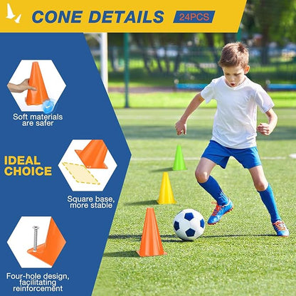24pcs Cones 9 Inch Soccer Cones and Plastic Traffic Cones, Durable Cones for Sports Training, Ideal for Soccer, Basketball, Football, Skating, and Agility Drills Practice