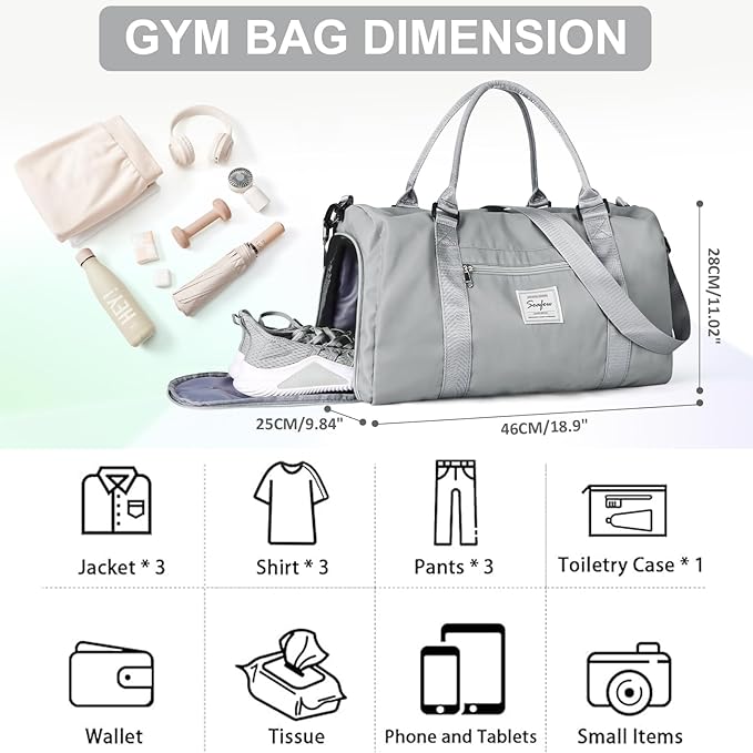 Gym Bag for Women Men with Shoes Compartment,Sports Duffle Bag Personal item travel Duffel Bags Tote Bag Small Carry on Weekender Overnight Bag Workout Dance Bag Hospital Holdalls Grey