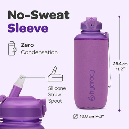 Hydracy Water Bottle with Time Marker -Large BPA Free Water Bottle & No Sweat Sleeve -Leak Proof Gym Bottle with Fruit Infuser Strainer & Times to Drink -Ideal for Fitness Sports & Outdoors