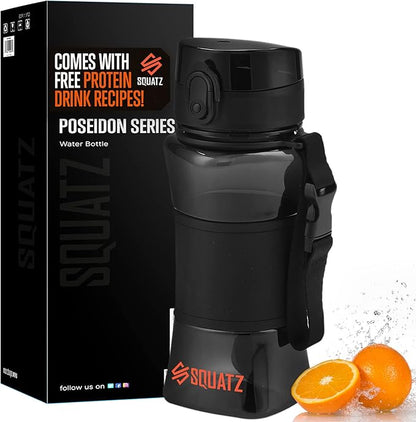 SQUATZ 17 Oz Poseidon Series Water Bottle for Protein and Fruit Shakes - Premium Quality Wide Mouth Gym Flask Fruit Infuser Strainer, Carrying Strap, Leak Resistance, No Condensation Sleeve, Black