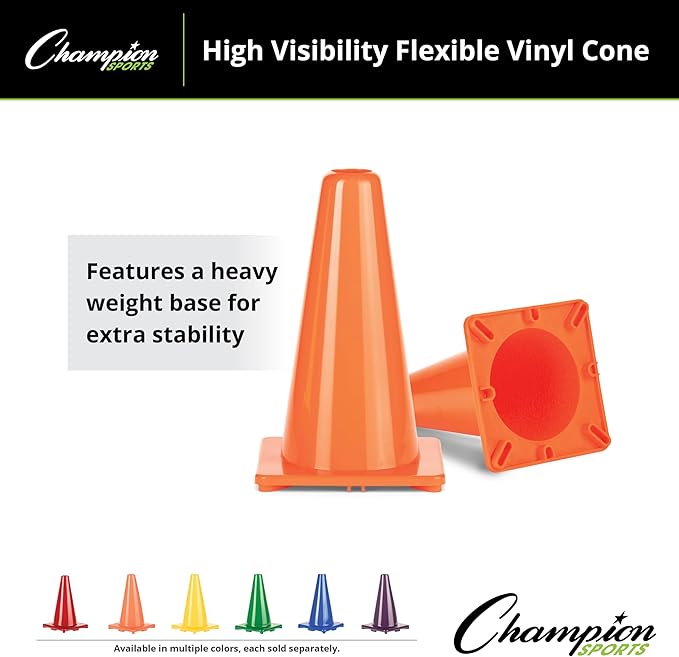 Champion Sports High Visibility Flexible Vinyl Cones for Sports Training, Agility Drills, Field & Gym Marking Sets
