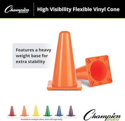 Champion Sports High Visibility Flexible Vinyl Cones for Sports Training, Agility Drills, Field & Gym Marking Sets