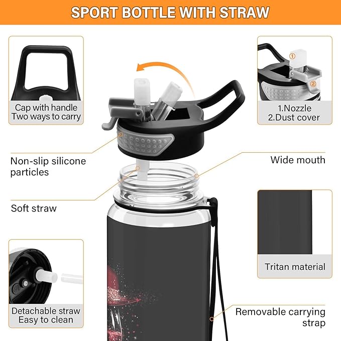Fustylead Elegant Wine Glass with Red Hat 32 oz Water Bottle with Straw, Leakproof Clear Sport Bottles for Women Men Outdoor Sport Drinking