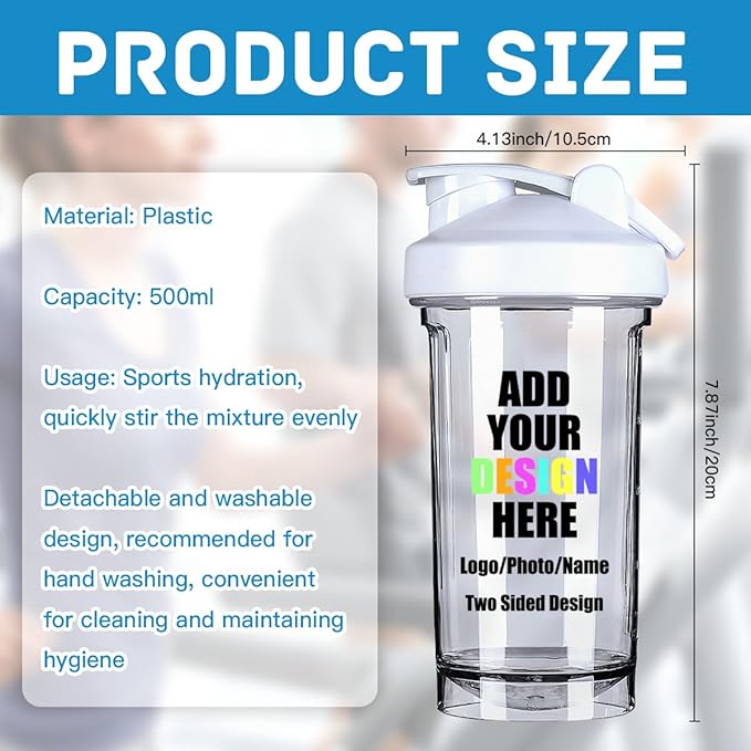 Custom Plastic Shaker Bottles with Handle, Personalized Fitness Shaker Bottles with Your Own Design/Logo/Name, Sports Water Bottle Leak Proof Cup for Protein Mixes, White