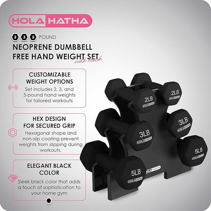 HolaHatha 2, 3, 5, 8, and 10 Pound Neoprene Dumbbell Free Hand Weight Set with Rack, Ideal for Home Exercises to Gain Tone and Definition, Pastel