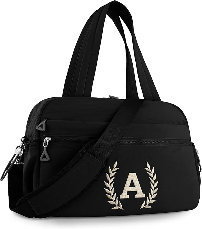 Gym Duffle Bag for Women – Embroidered Custom Initial Sports Bag for Men – Personalized Travel & Workout Duffel with Luggage Sleeve – Thoughtful Gift for Mom, Girl, Daughter, Mother (Black, A)