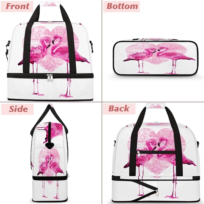 Couple Flamingo Foldable Travel Duffel Bag Tote Carry On Luggage Sports Gym Bag With Shoe Compartment For Woman Man Overnight Weekend Yoga Workout Training Handbag