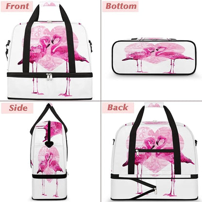 Couple Flamingo Foldable Travel Duffel Bag Tote Carry On Luggage Sports Gym Bag With Shoe Compartment For Woman Man Overnight Weekend Yoga Workout Training Handbag