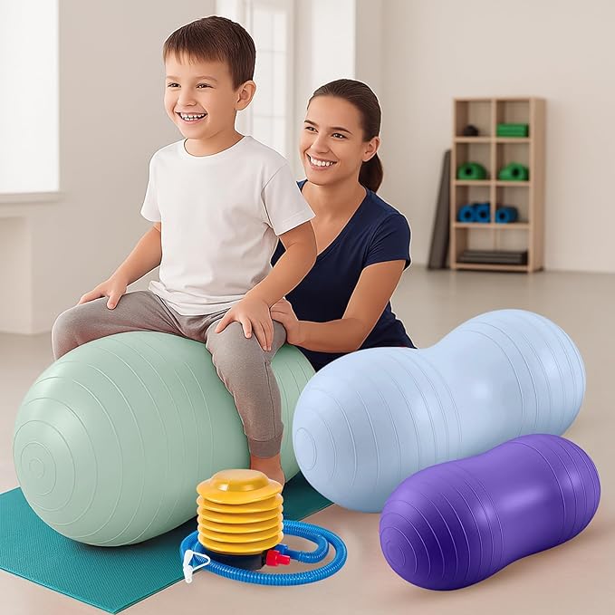 Jexine Peanut Ball for Kids Therapy - 3-Piece Anti-Burst Set, Yoga Balance Exercise Ball for Pregnancy & Home Gym, Includes 1 Pump & 3 Size Options