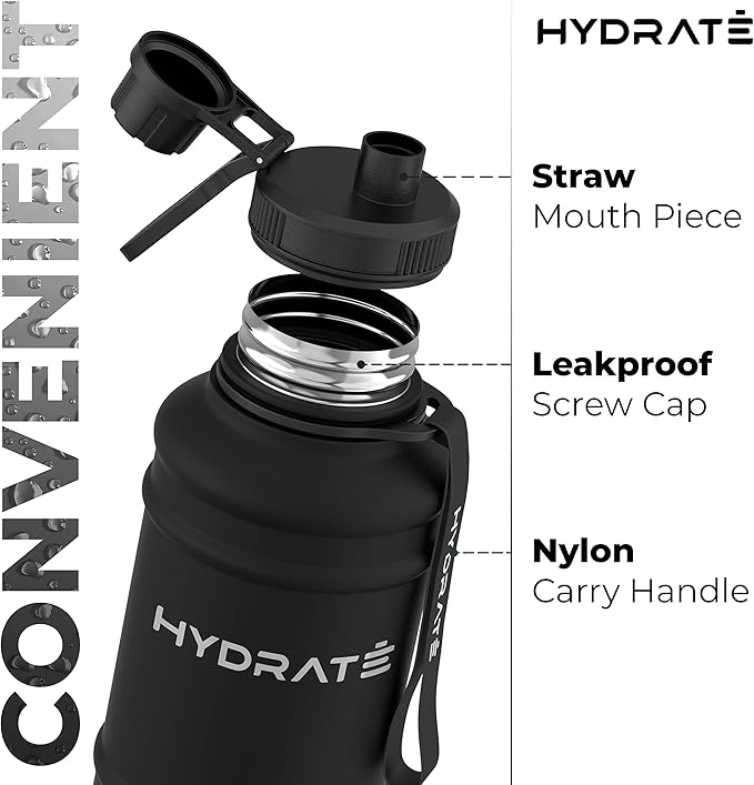 HYDRATE 43 Oz Stainless Steel Water Bottle - BPA Free Metal Water Bottle for Gym, Exercise - Water Jug with Convenient Nylon Carrying Strap and Leak-Proof Screw Cap Water Bottles for Men, Women, Adult