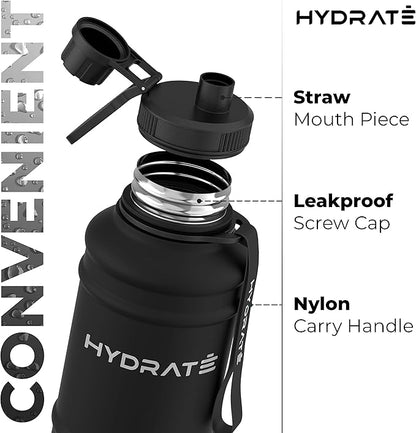 HYDRATE 43 Oz Stainless Steel Water Bottle - BPA Free Metal Water Bottle for Gym, Exercise - Water Jug with Convenient Nylon Carrying Strap and Leak-Proof Screw Cap Water Bottles for Men, Women, Adult