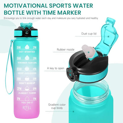 32 oz Motivational Water Bottle with Time Marker,Water Bottles with Times to Drink and Straw with Carrying Strap,Perfect For Fitness Gym Outdoor,BPA Free (Green & Purple Gradient)