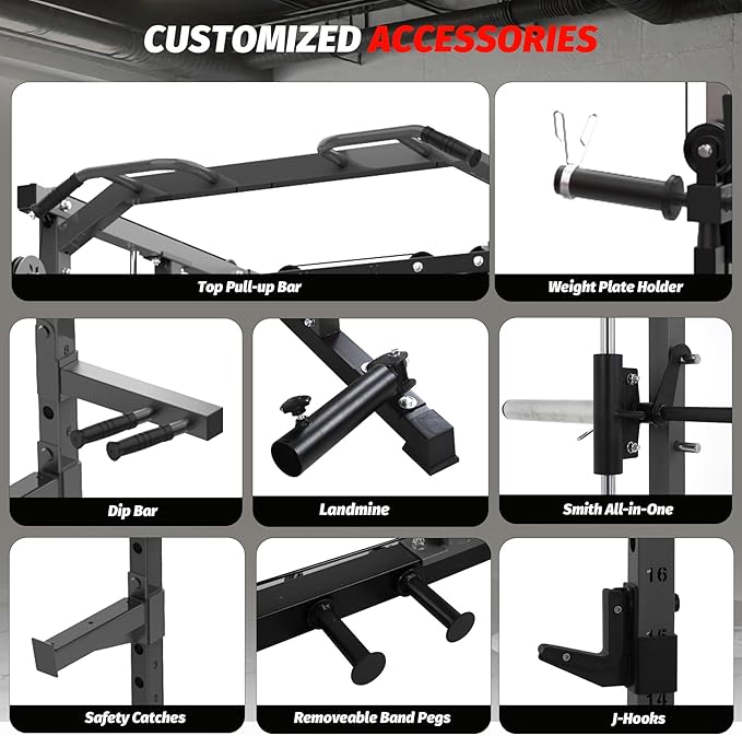 GarveeLife Power Cage, Smith Machine Squat Rack, Heavy Duty Power Rack for Home Gym with Pulley System, Dip Bar, LAT Pulldown, Multifunctional Squat Rack for Home Gym