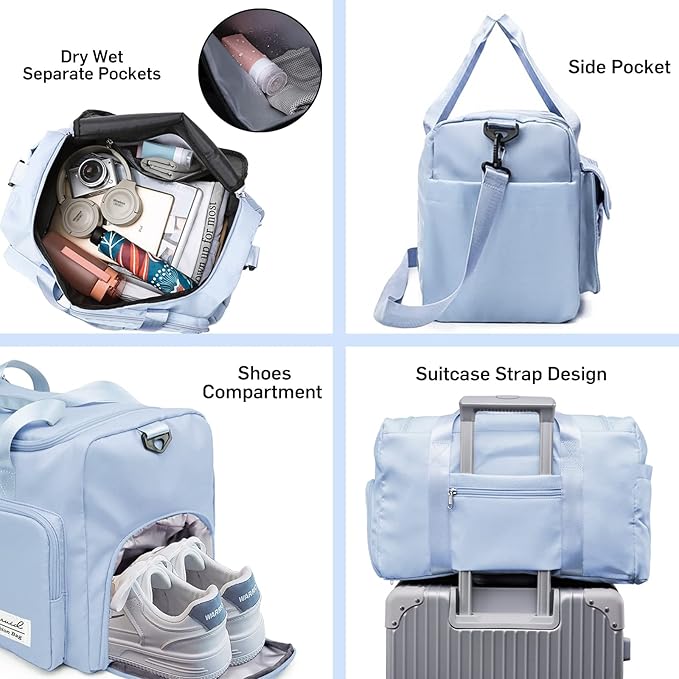 Sports Gym Duffel Bag with Shoes Compartment and Dry Wet Separated Pocket for Men and Women - Blue
