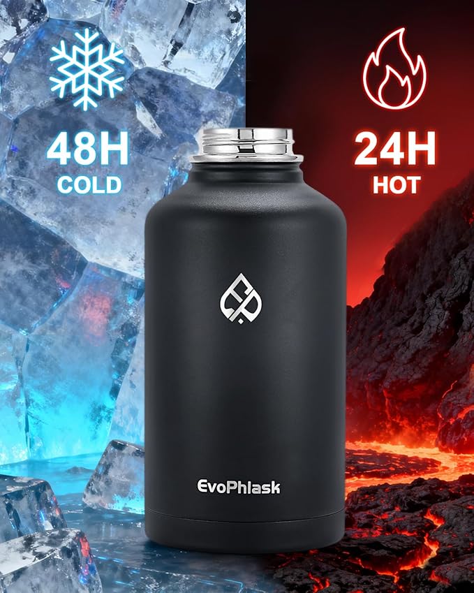 Insulated Water Bottle 64 oz, Vacuum Stainless Steel Water Bottle Keep Cold 48Hrs, Half Gallon Large Water Jug for Travel, Sport, Gym, Hiking with Carrier Bag, Black