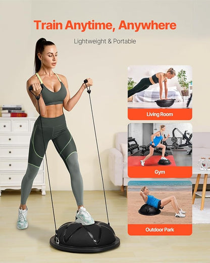 VEVOR Half Exercise Ball Trainer, 23/26 inch Balance Ball Trainer, 1500lbs Capacity Stability Ball, Yoga Ball with Resistance Bands & Foot Pump, Strength Fitness Ball for Home Gym Full Body Workout