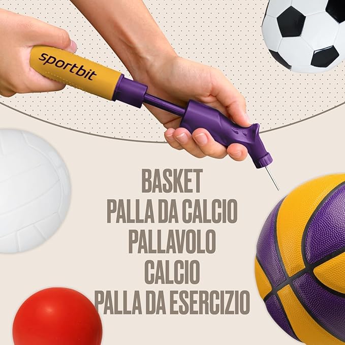 SPORTBIT Ball Pump for Sports Balls - Push & Pull Inflating System - Hand Pump for All Exercise Balls - Volleyball Pump, Basketball Inflator, Football & Soccer Ball Air Pump - Goes with 5 Needles Set