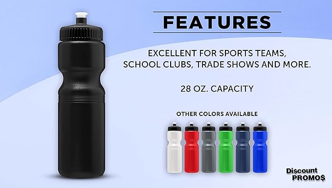 DISCOUNT PROMOS 28 oz. Push Cap Plastic Water Bottles Set of 6, Bulk Pack - Perfect for Gym, Hiking, Camping, Outdoor Sports - Black