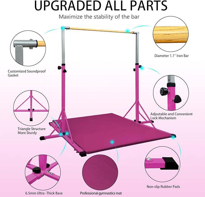 86 York Gymnastics Bar for Kids Ages 3-20, 5FT Base Length, 42" to 63" Adjustable Height, Horizontal Bar, Kip Bar for Gymnast, Gymnastic Training Equipment for Home, Gym Center