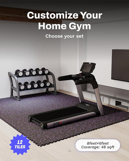 AIRHOP 0.56in Thick 48 Sq Ft Exercise Equipment Mats, 12 Tiles Upgraded Rubber Top with High Density EVA Foam, Large Interlocking Puzzle Gym Flooring for Home Gym, Heavy Weight Workout, 24 x 24in