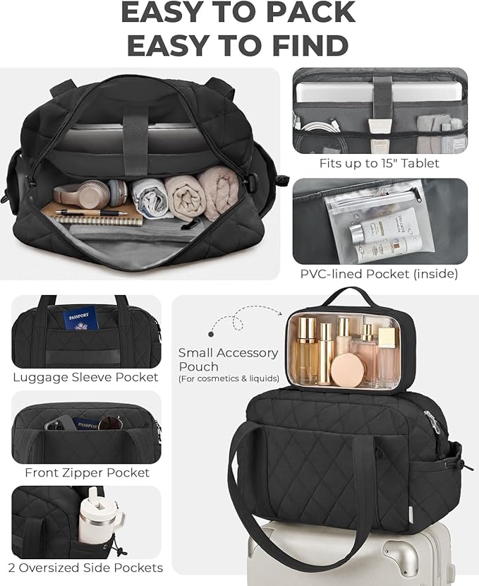 Percover Women Gym Bag with Toiletry Organizer Pouch, Quilted Workout Duffle with Compartments for Daily Fitness & Yoga, Locker-Friendly Soft Carry, Midnight Black
