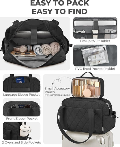 Percover Women Gym Bag with Toiletry Organizer Pouch, Quilted Workout Duffle with Compartments for Daily Fitness & Yoga, Locker-Friendly Soft Carry, Midnight Black