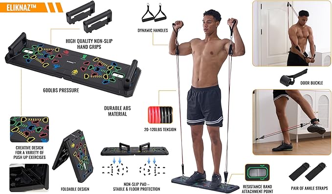 Portable Push Up Board Gym Kit 25-in-1, Foldable Push Up Station & Exercise Board Workout Set with 18 Accessories, Resistance Bands & Handles, Ankle Straps for Men, Women & Teens