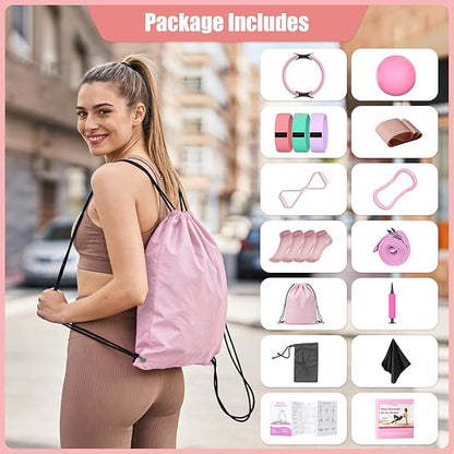 Pilates Kit for Home Workouts - 16 Pack Pilates Ring and Ball Set, Fabric & Rubber Resistance Bands, Figure 8 Stretcher, Yoga Ring & Grip Socks, Complete Pilates Accessories for Full Body Workout