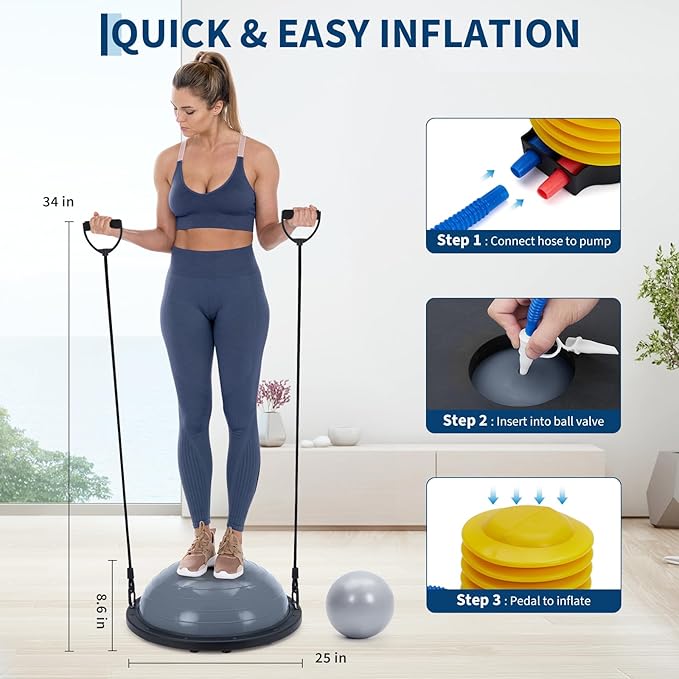 23 Inch Half Balance Ball, Anti-Slip with 1600LB Capacity, Stability Trainer for Core Strength, Includes Resistance Bands, Pump & Bonus Yoga Ball for Home Gym Fitness Workouts