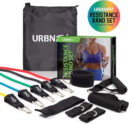 Resistance Bands Set (12 Piece) Includes Door Anchor, Ankle, Wrist Strap, Exercise Guide and Carrying Bag For Strengthening and Training (Pro Series)