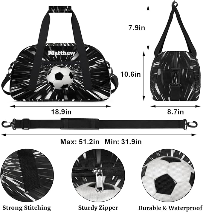 Personalized Boys Sports Soccer Duffel Bag, Custom Sport Gym Bag Large Compartment Cheerleaders Dance Bag Weekender Bags Travel Training Bag for men, Abstract Black Background