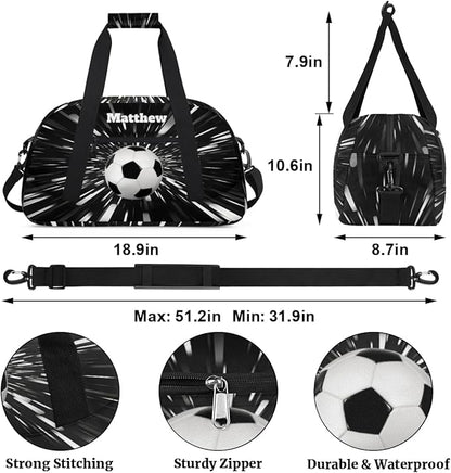 Personalized Boys Sports Soccer Duffel Bag, Custom Sport Gym Bag Large Compartment Cheerleaders Dance Bag Weekender Bags Travel Training Bag for men, Abstract Black Background