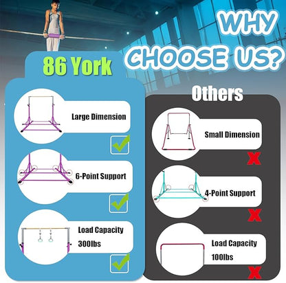 86 York Gymnastics Bar for Kids Ages 3-20, 5FT Base Length, 42" to 63" Adjustable Height, Horizontal Bar, Kip Bar for Gymnast, Gymnastic Training Equipment for Home, Gym Center