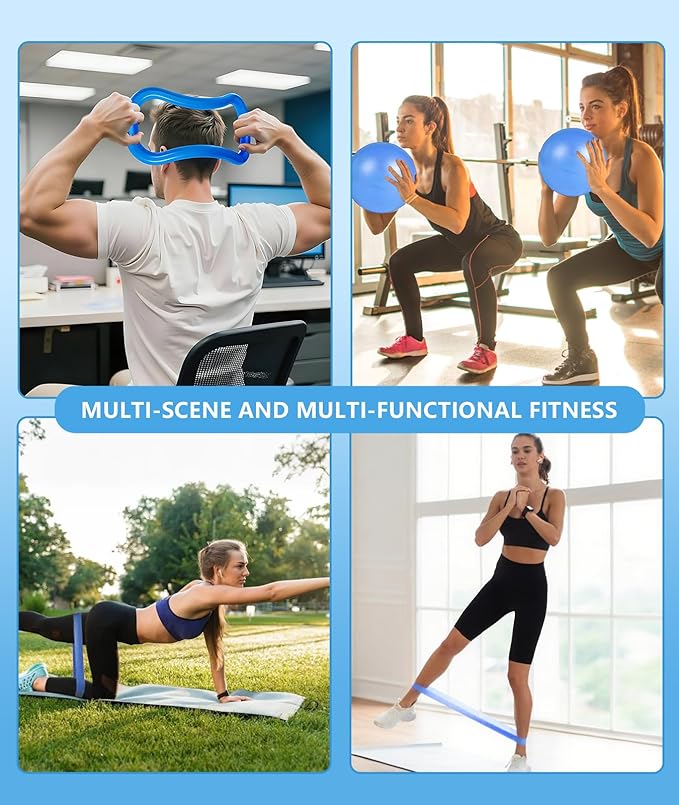Pilates Ring Set with Adjustable Resistance - Full Body Workout Kit for Women, Portable Travel Bag & Anti-Slip Accessories - Blue