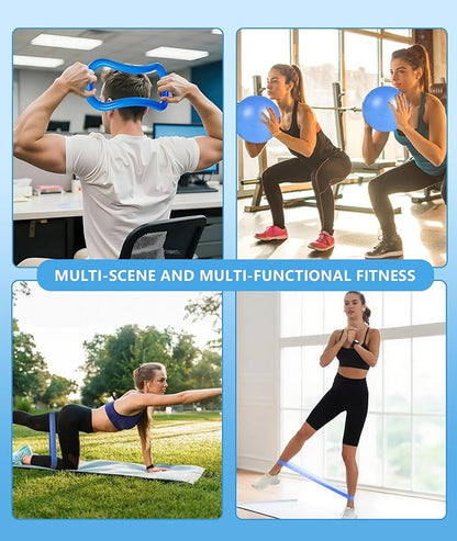 Pilates Ring Set with Adjustable Resistance - Full Body Workout Kit for Women, Portable Travel Bag & Anti-Slip Accessories - Blue
