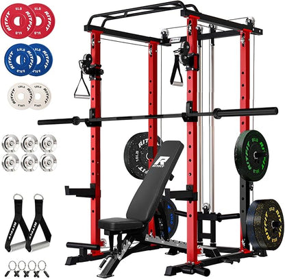 RitFit Multi-Function Garage & Home Gym Package Includes 1200LBS Power Cage PPC03/P3 with Cable Crossover System, Weight Bench, Olympic Barbell Weight Set, Full Body Workout