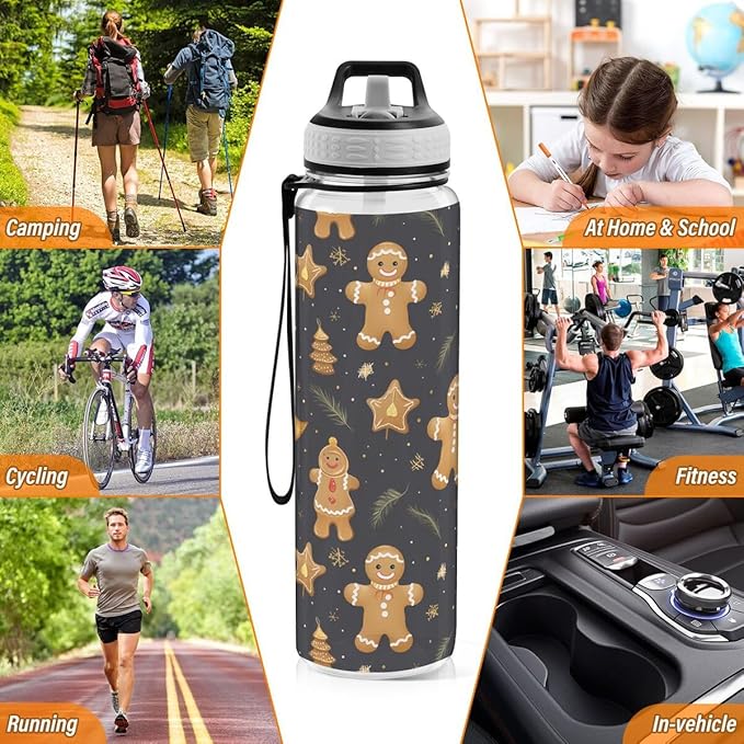 ALAZA Gold Gingerbread Leaf Merry Christmas Sports Water Bottle with Straw Tritan Drink Bottle 32 oz BPA Free Reusable for Travel Outdoor Fitness