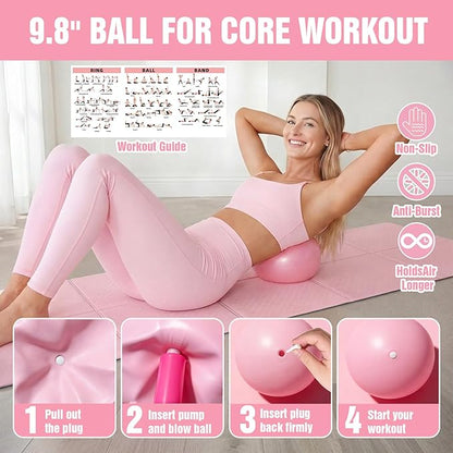 Pilates Kit with Foldable Yoga Mat, Portable Home Workout Pilates Equipment, Lightweight Pilates Set for Travel & Small Spaces,14.5" Pilates Ring and Ball, Resistance Bands & Core Sliders, Pink