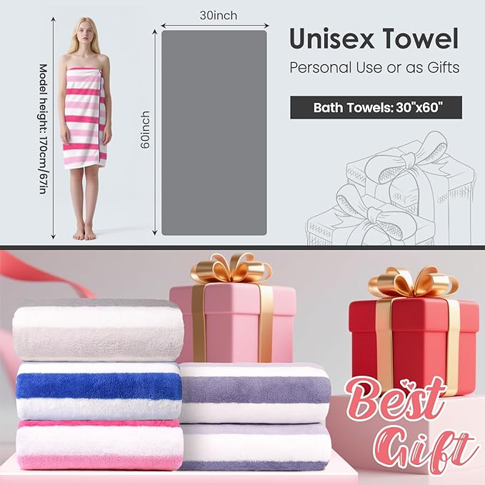 JML Microfiber Bath Towels, Bath Towel 2 Pack(30" x 60"), Oversized, Soft, Super Absorbent and Fast Drying, Multipurpose Use for Sports, Fitness, Yoga, Cabana Stripe Pink