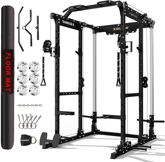 Gxmmat X6 Power Cage, 2200LB Multi-Function Power Rack with Independent Dual Aluminum Pulley System, Squat Rack for Home Gym Strength Training Equipment, Heavy-Duty Steel Construction