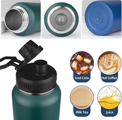 Insulated Water Bottle with Straw&2 Lids 40oz Stainless Steel Water Bottles Sports Metal Water Bottle Double Walled Vacuum Insulated Bottles Leak-Proof Travel Cup (Green Blue)