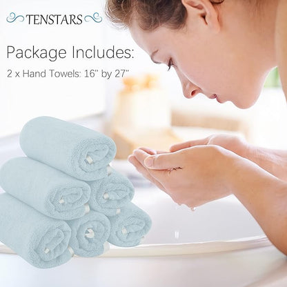 TENSTARS Silk Hemming Hand Towels for Bathroom - Quick Drying - Ultra Soft Microfiber Absorbent Towel for Bath Fitness, Gym, Shower, Hotel, and Spa - 16x28 Inch | Set of 6, Light Teal