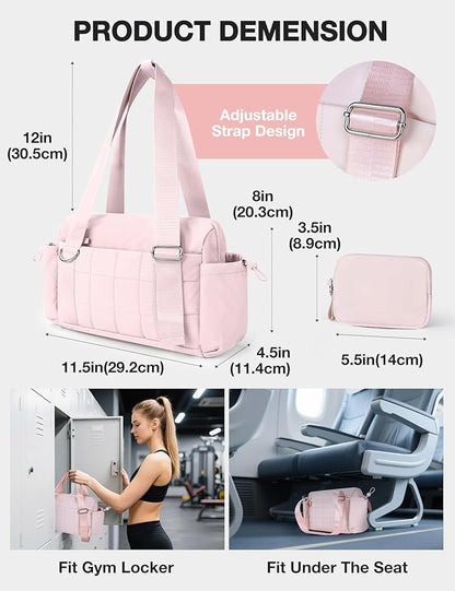 VUUDH Mini Gym Bag for Women Puffy Bag, Small Gym Bag with Coin Wallet, Lightweight Gym Tote Bag for Fitness, Work, Travel, Daily Commute,Pink