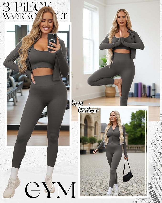 Women 3 Piece Seamless Workout Set Sports Bra High Waisted Gym Yoga Leggings Zip Up Jacket with Thumbhole Activewear