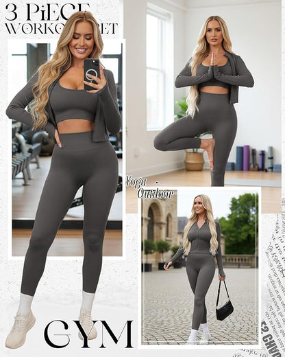 Women 3 Piece Seamless Workout Set Sports Bra High Waisted Gym Yoga Leggings Zip Up Jacket with Thumbhole Activewear