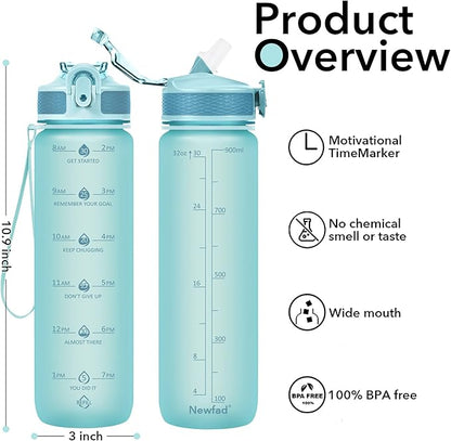 Water Bottle with Straw, Motivational 32 oz Water Bottles with Time Marker & No Sweat Sleeve, BPA Free Leak Proof Gym Bottle with Times to Drink