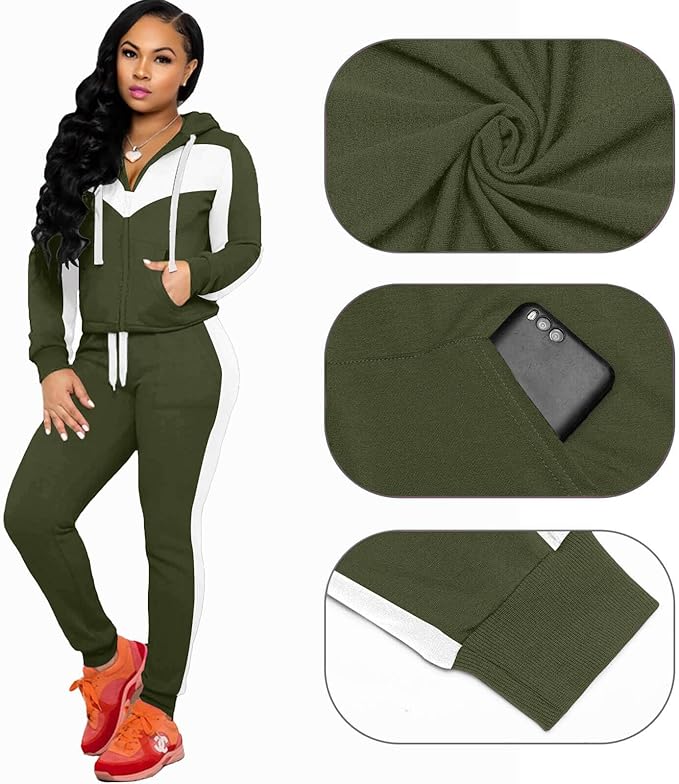 CLOCOR Track Suits for Women Set - Casual 2 Piece Outfits Sweatsuit Pocket Hoodies Long Sleeve with Patchwork Pants Set